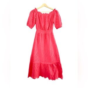 Betsey Johnson Women's Eyelet Midi Puff Sleeve Dress Paradise Pink Sz XS Cotton